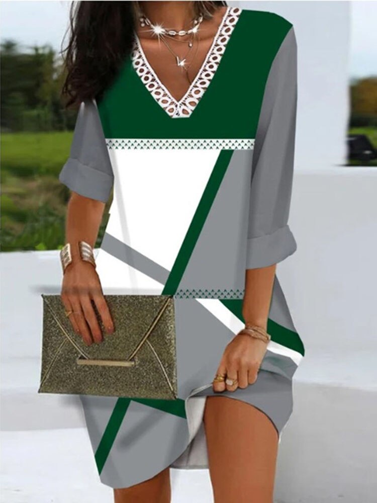 Color block Contrast Lace Long Sleeve Casual V-Neck  Midi Dress