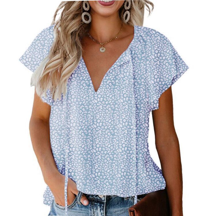 Floral V-Neck Loose Short Sleeved Chiffon T-Shirts