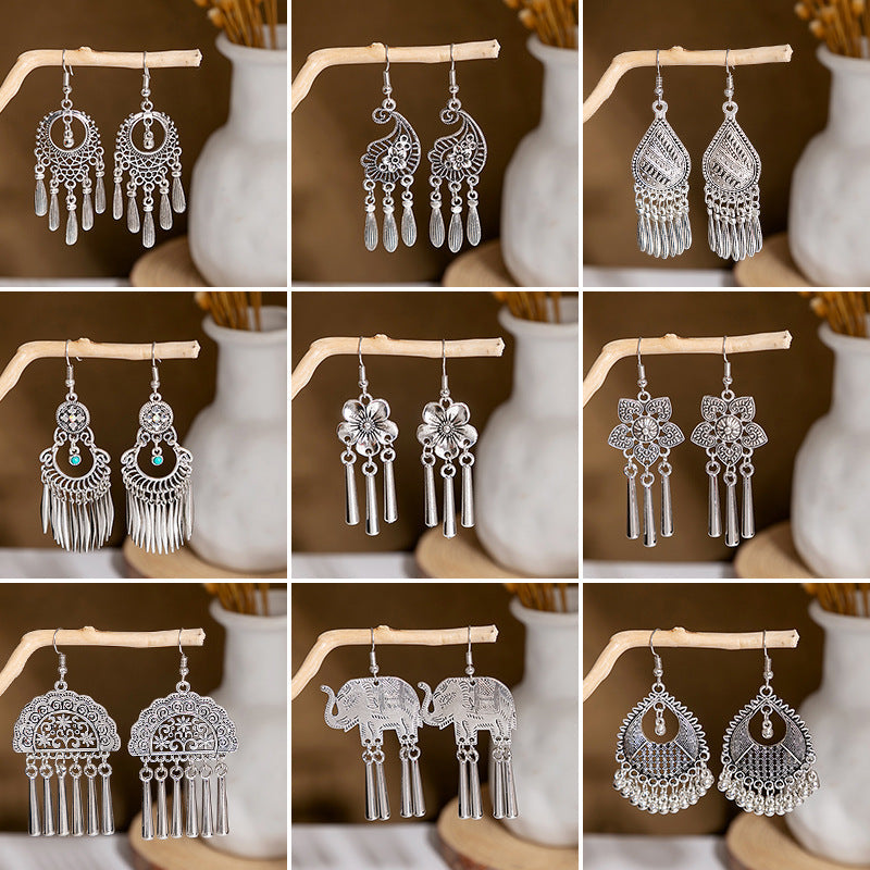 Retro National Wind Goddess Fan Wenyi Temperament Tassel Metal Earrings