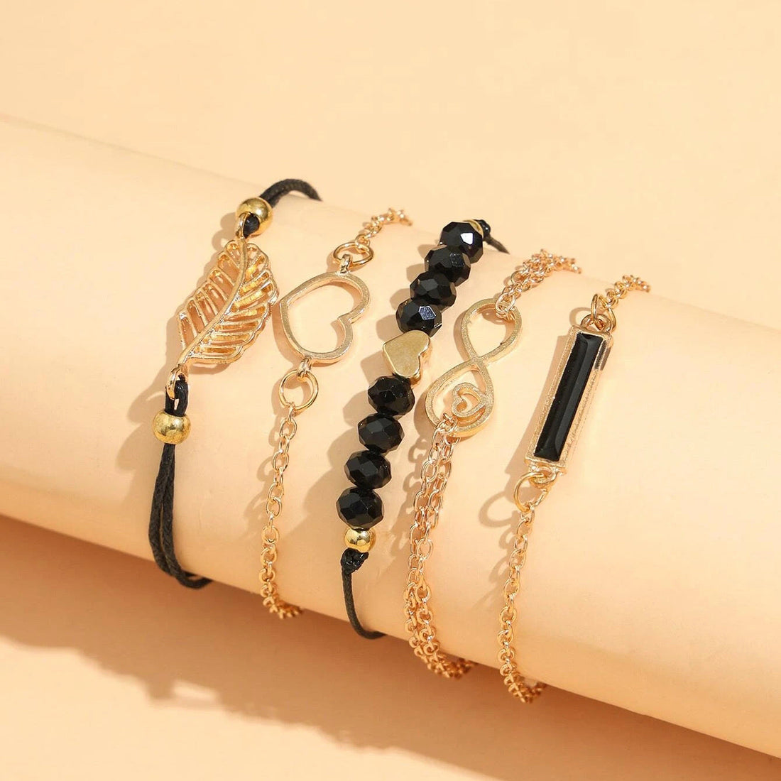 Black Geometric Square Leaf 5-Piece Bracelet Set