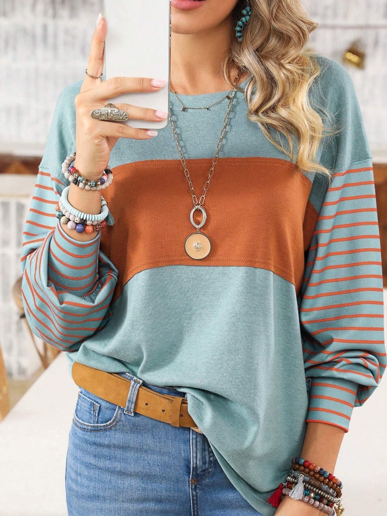 Color Block Crew Neck T-Shirt, Casual Long Sleeve T-Shirt