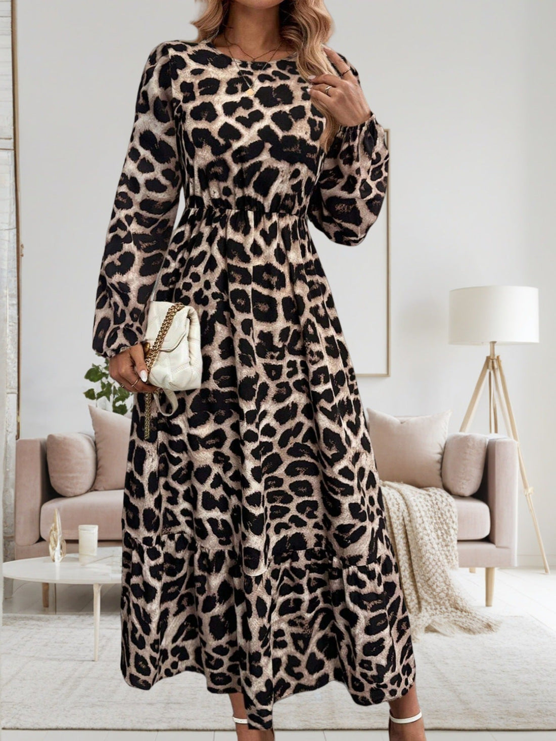 Leopard Print Crew Neck Long Sleeve Midi Dress Vacation Style A-Line