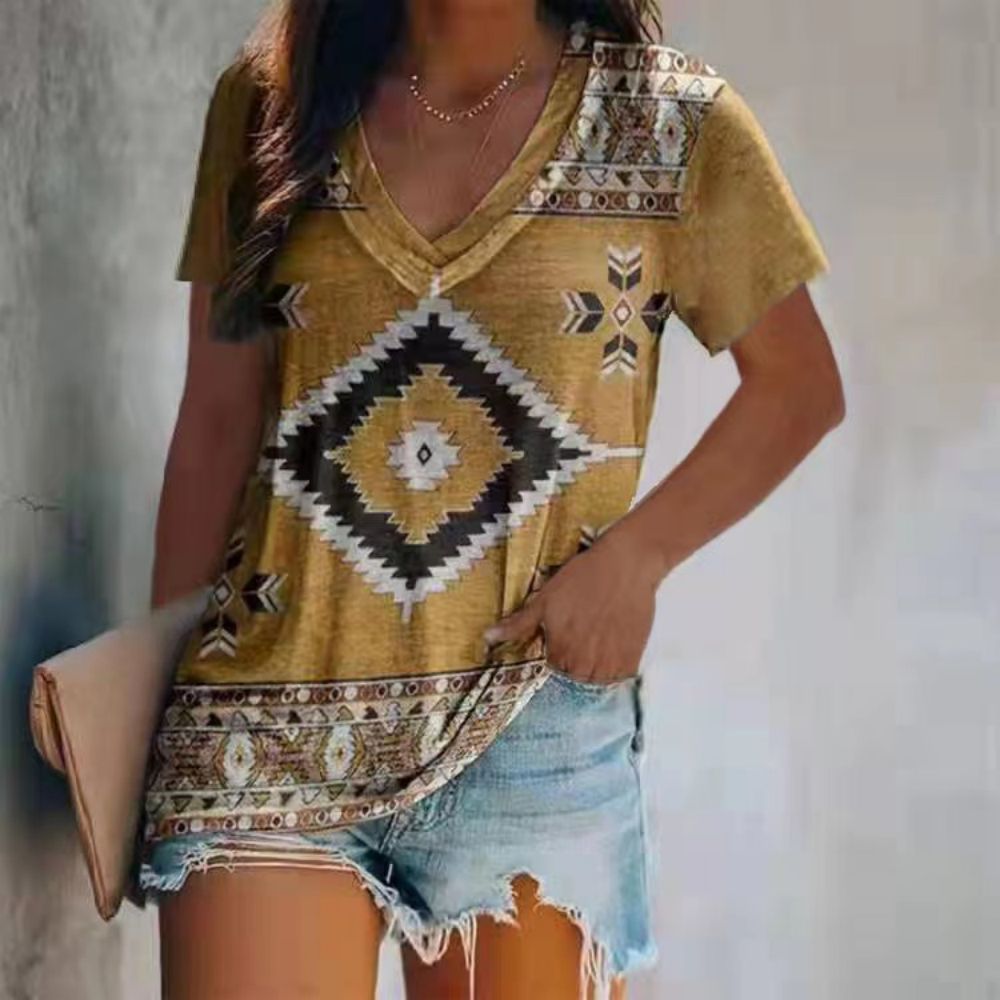 Print V-neck Short Sleeve Plaid Pullover T-Shirt