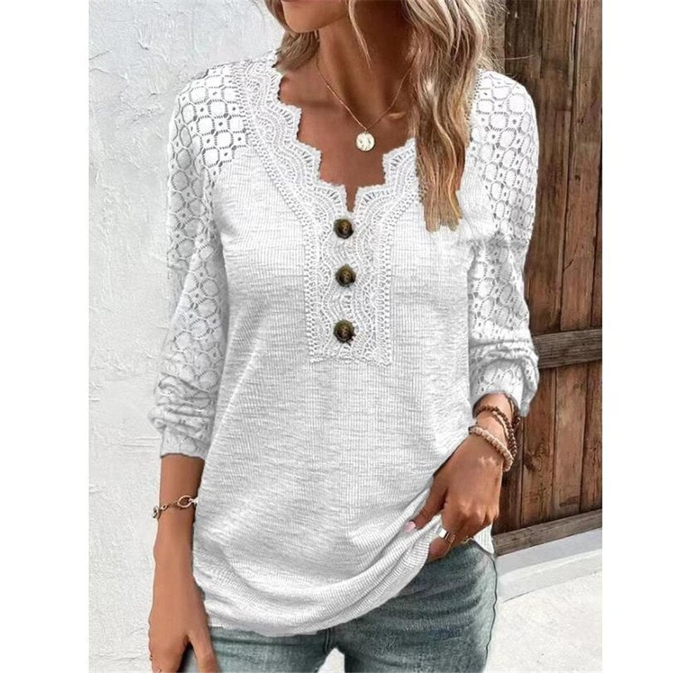 Solid Color Patchwork Design Lace Button decor V-Neck Long Sleeve T-Shirts