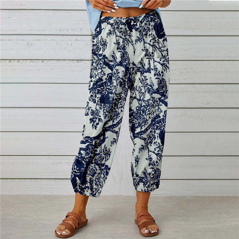 Pocket Loose Drawstring High Waist Retro Print Pants