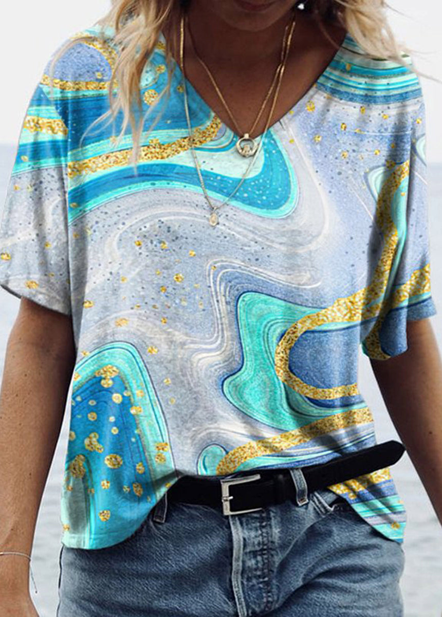 V-Neck Short Sleeve Marble Print T-Shirt