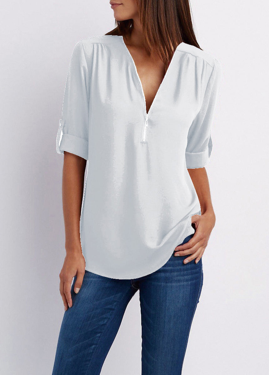 V-neck Zipper Loose Fit Chiffon Long Sleeve Shirt