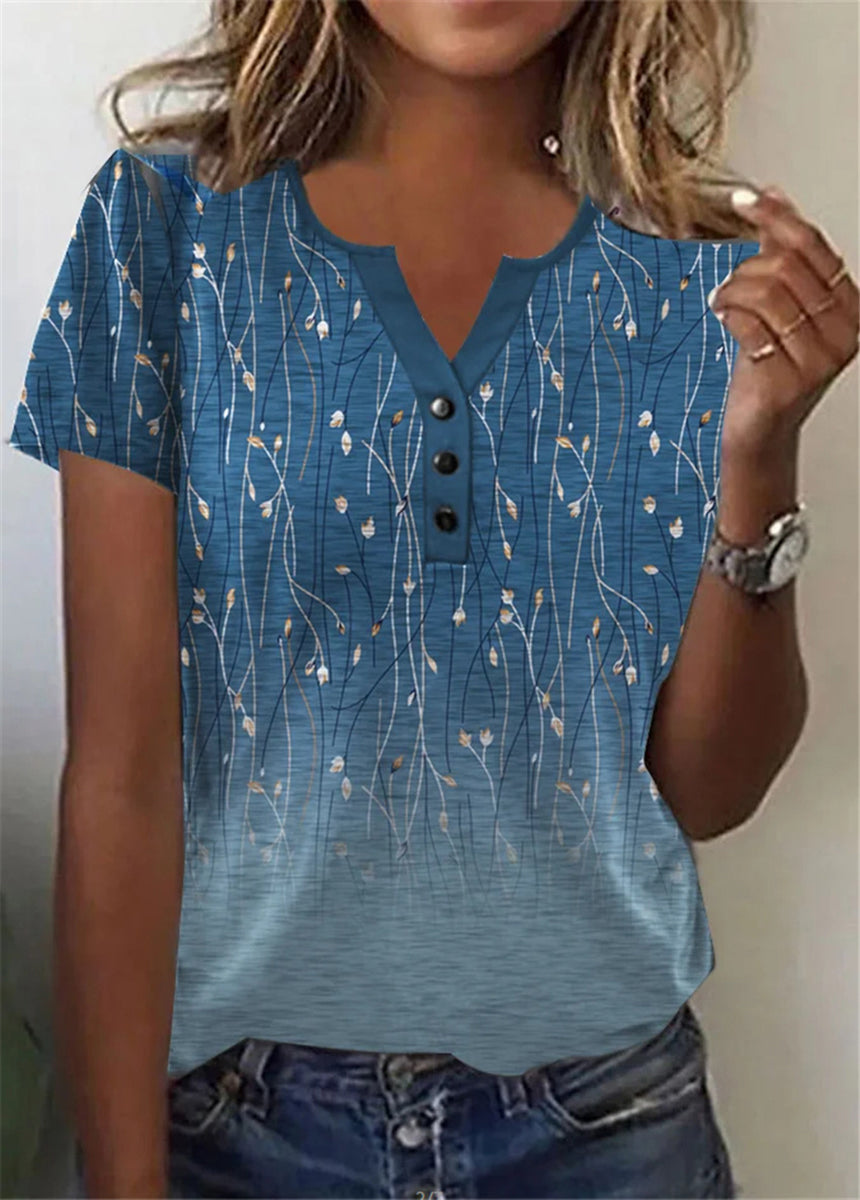 Button-Up V-Neck Printed Short-Sleeved T-Shirt