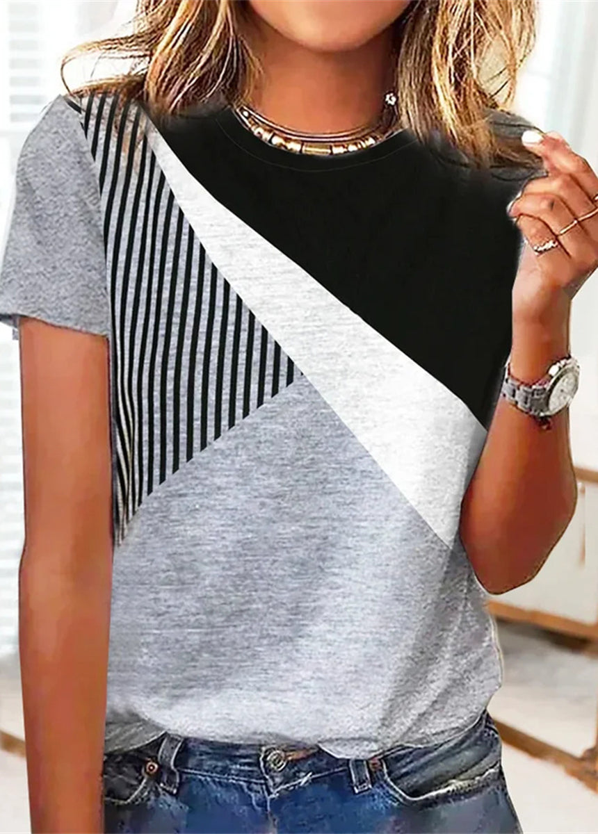 Color Block Striped Printed Short Sleeve Round Neck Casual T-Shirt