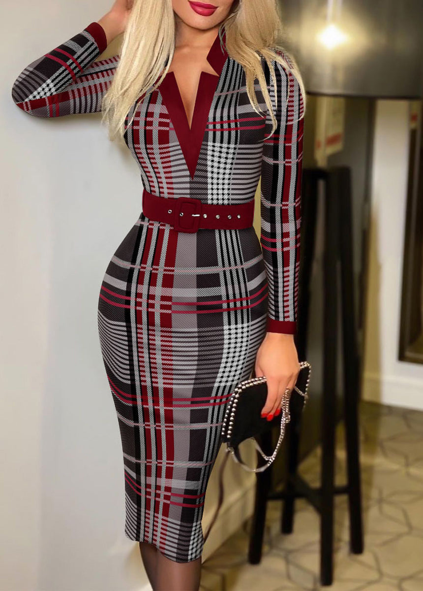 Plaid Print V-neck Bodycon Long Sleeve Sexy Dress