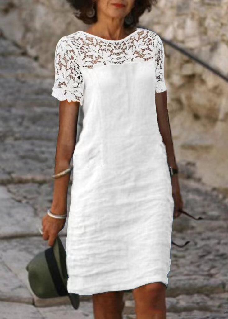 Lace Patchwork Crew Neck Solid Color Dress