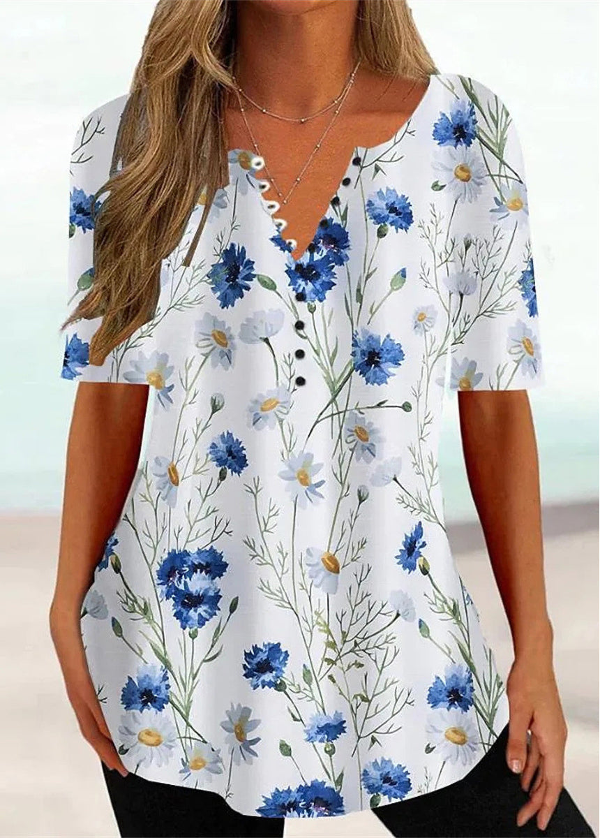 Floral Button Print Short Sleeve Round Neck T-Shirt