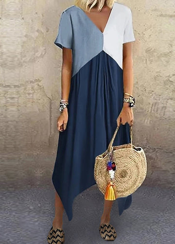 Irregular Color Block V-Neck Pullover Spliced Long Dress