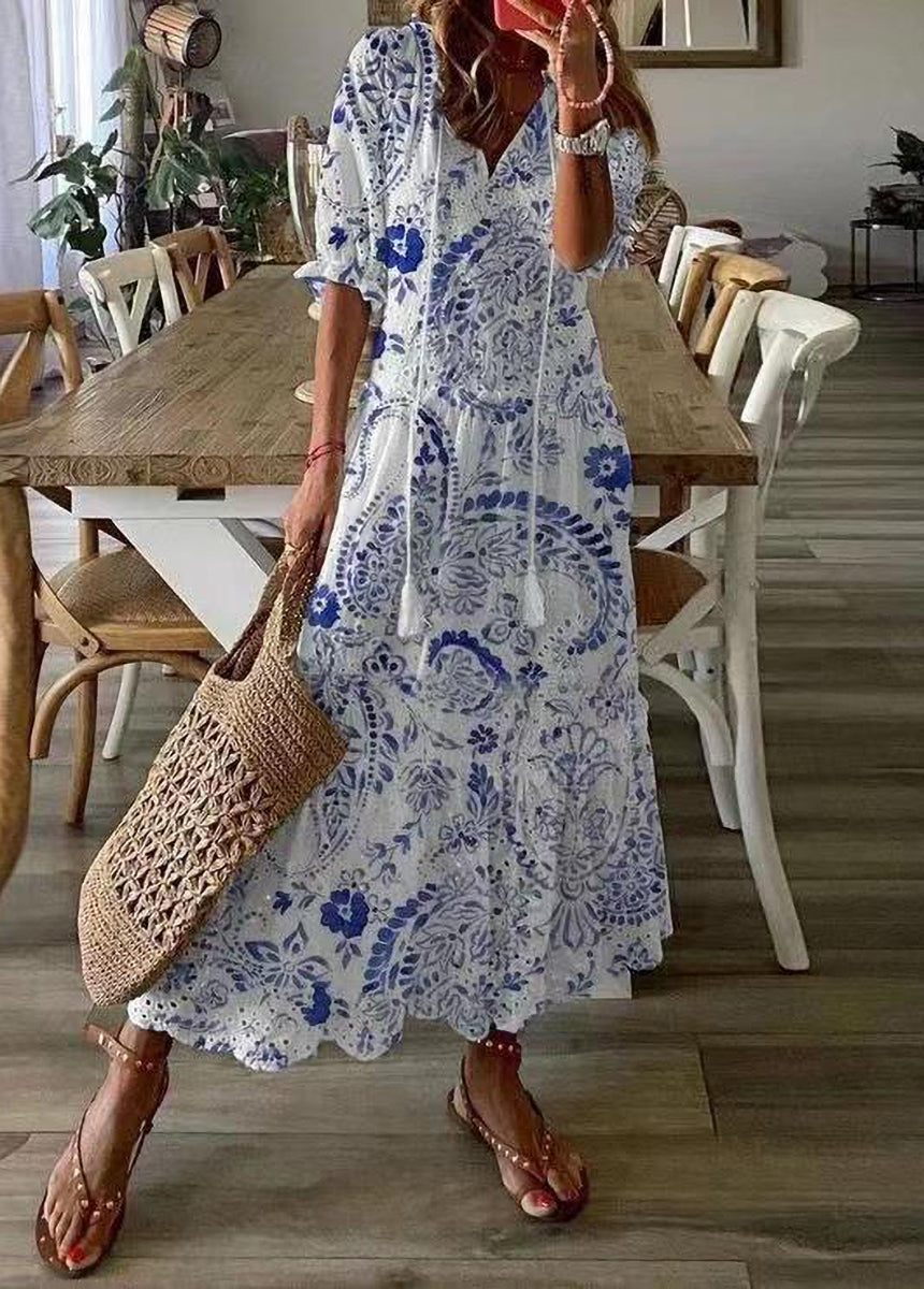 V-Neck Printed Tassel Short Sleeve Mid-Length Dress