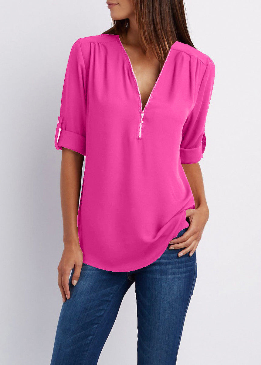 V-neck Zipper Loose Fit Chiffon Long Sleeve Shirt