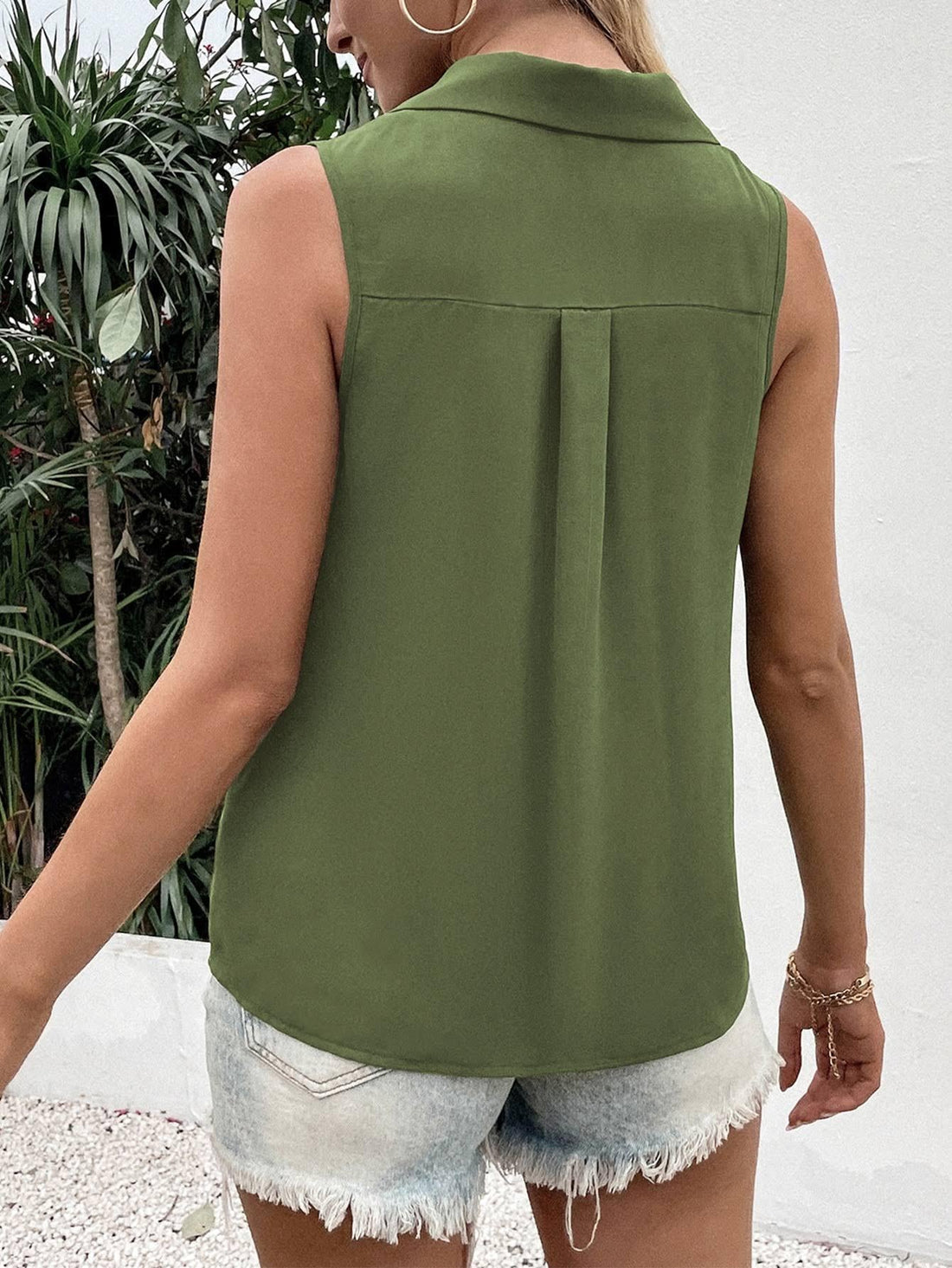 Solid Color V-Neck Sleeveless Button Tank Tops