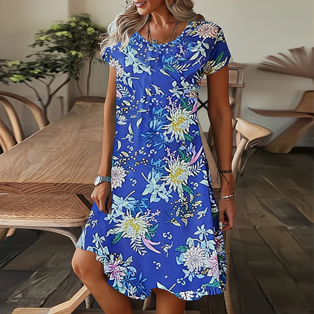 Floral Printed V-neck Loose Short Sleeve Dress