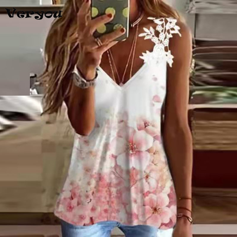 Print Lace Strap V Neck Sleeveless Tank Tops