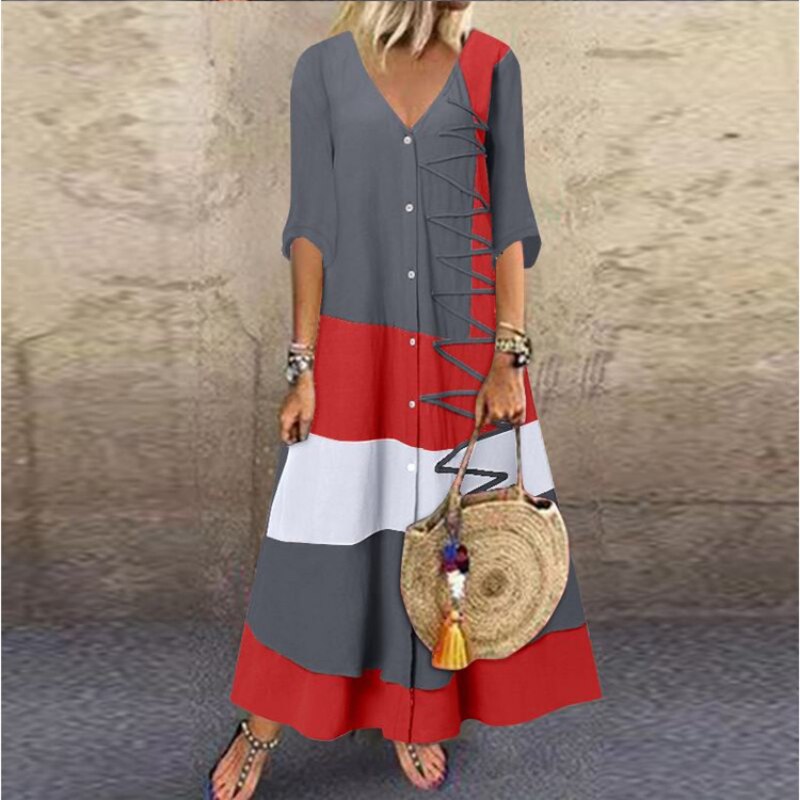 Casual Retro Print Short Sleeve Loose Maxi Dress