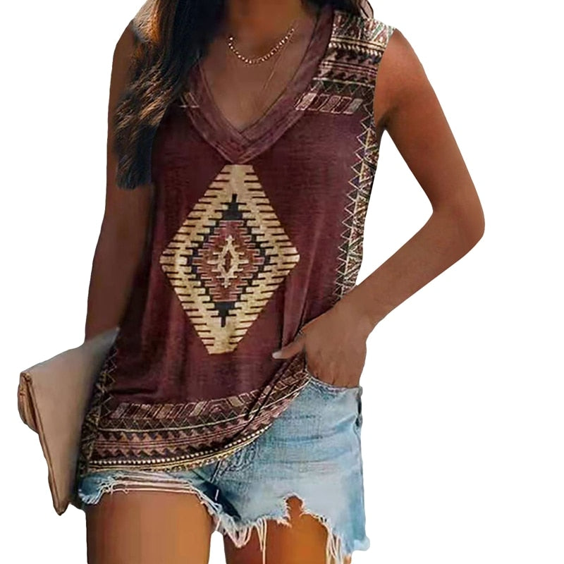 Sleeveless Multi-pattern Print V-neck Loose Tank Top