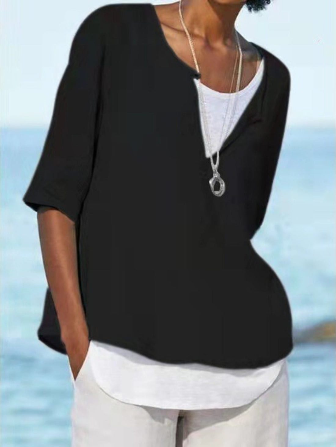 Solid Color Crew Neck Front Slit Stylish Pullover Top