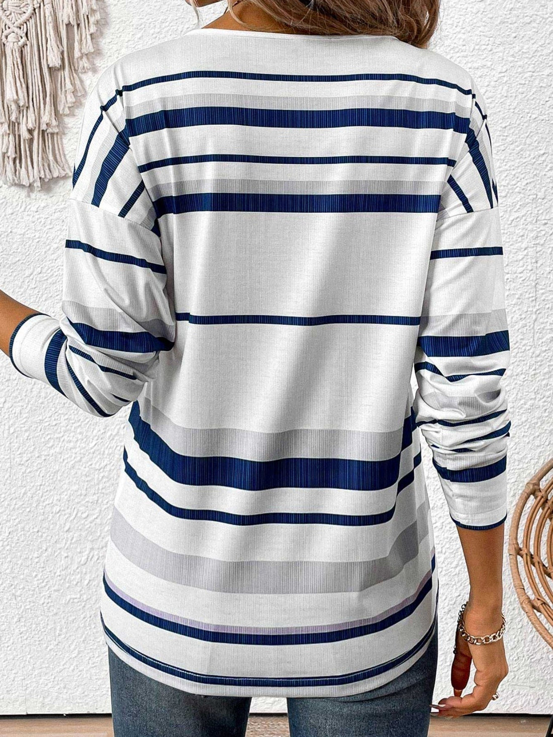 White Patchwork Striped Long Sleeve Split Neck T Shirt