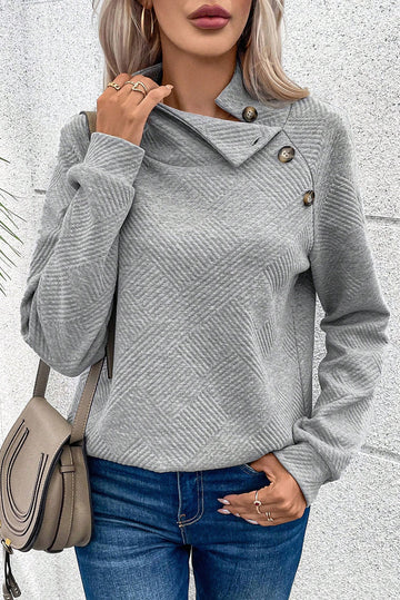 Gray Asymmetric Buttons Detail High Neck Textured Sweatshirt