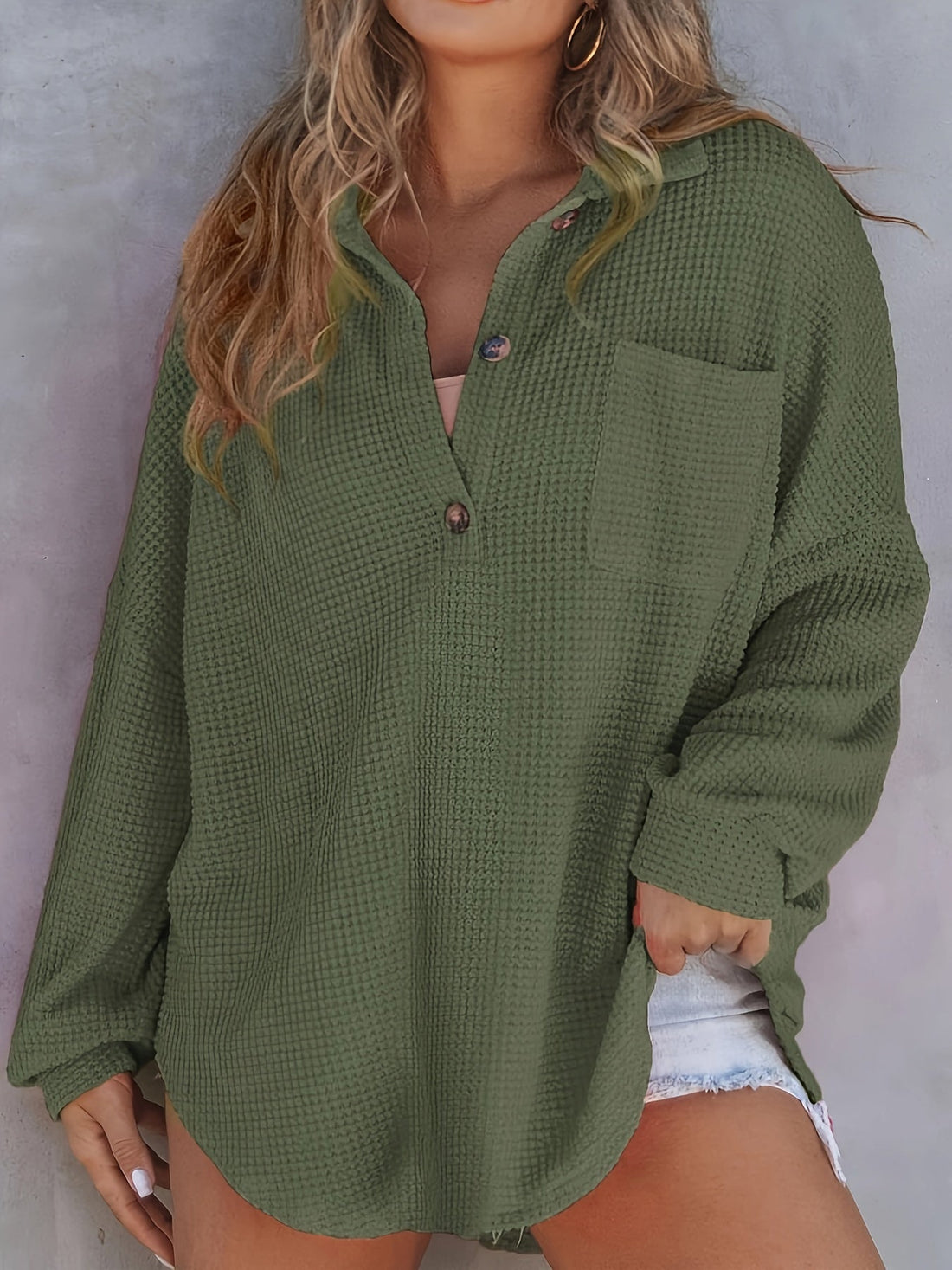 Solid Color Chic Button T-Shirt - Long Sleeve, Collared, Comfortable, Versatile Top