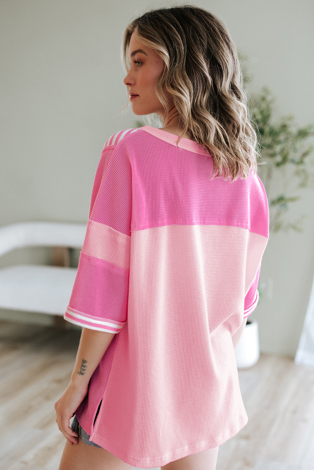 Pink Stripe Color Block Patchwork Loose Half Sleeve T Shirt