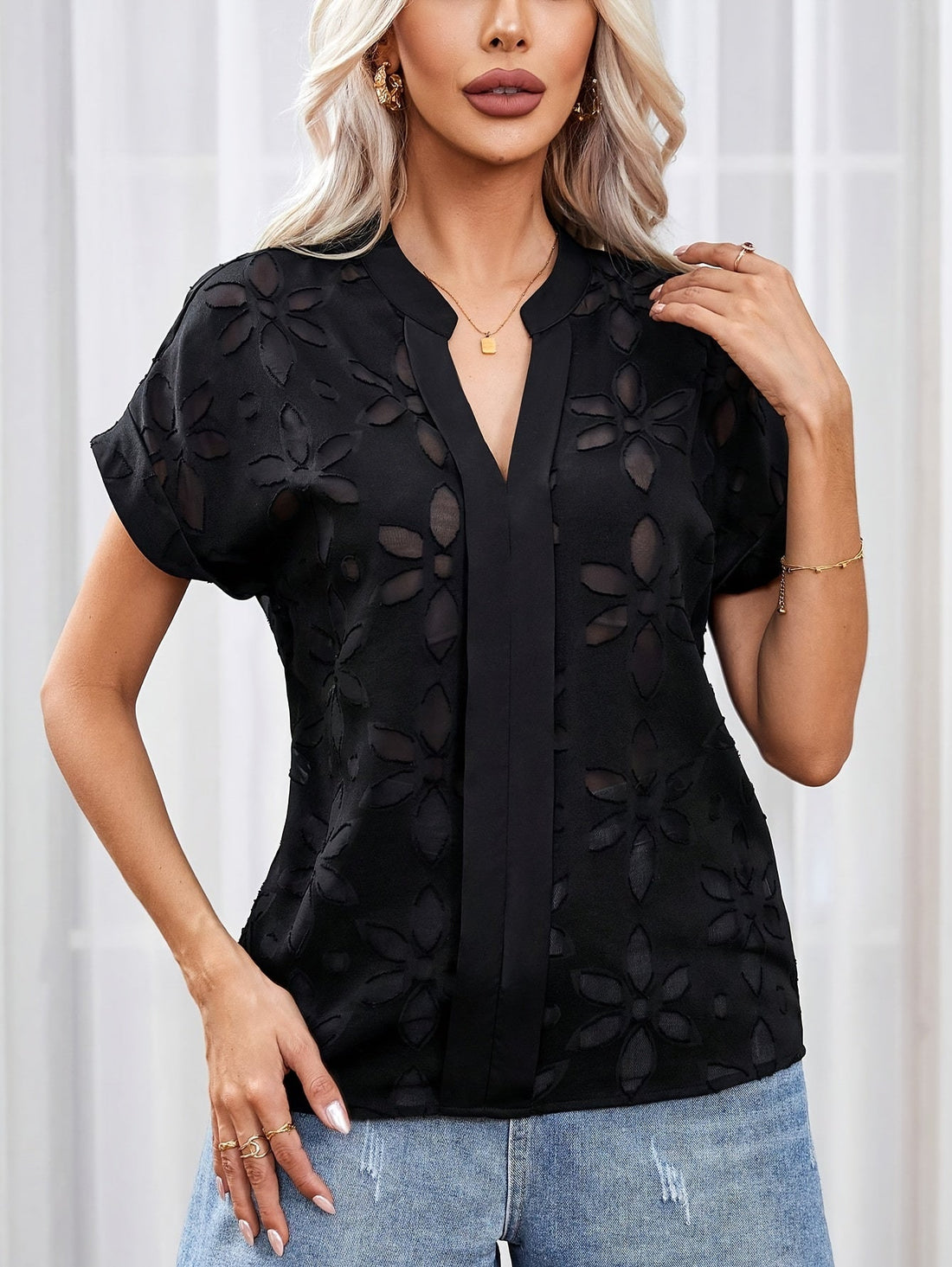 Solid Color V Neck Unique Floral Pattern Blouse