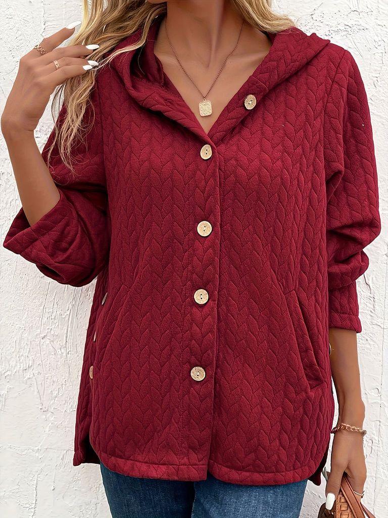 Casual Coat, Women's Solid Jacquard Button Up Hooded Long Sleeve Coat