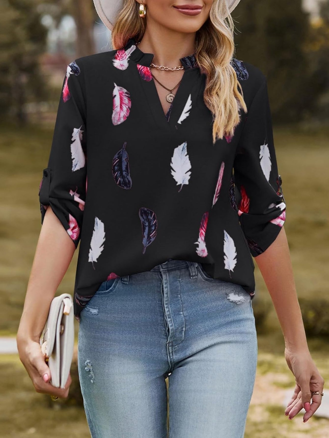 V Neck Feather Print Three Quarter Sleeve Loose Shirt