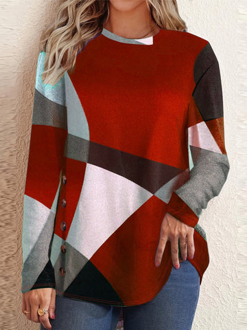 Colorblock Long Sleeve T-shirt, Women's Casual Round Neck Slight Stretch Tee