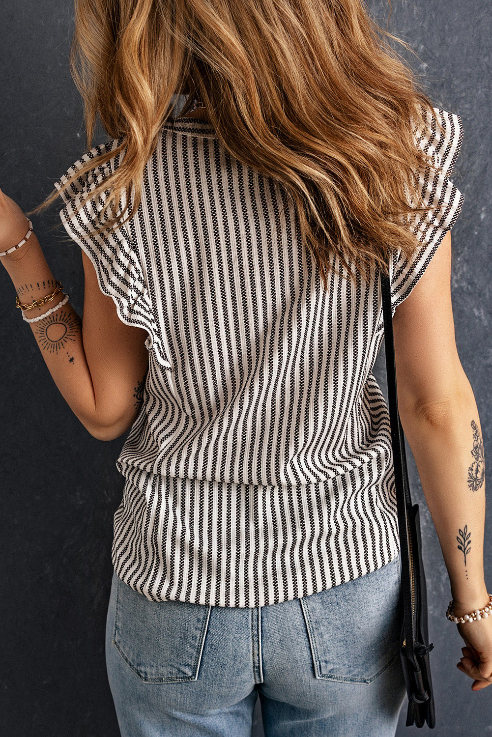 Gray Crew Neck Ruffled Striped Tank Top