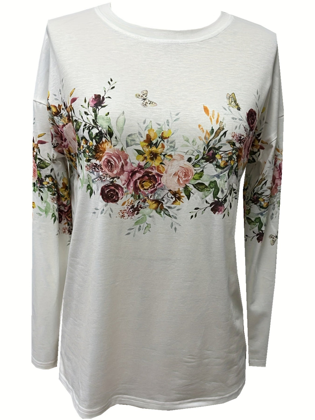 Floral Print Crew Neck T-Shirt, Casual Long Sleeve Top