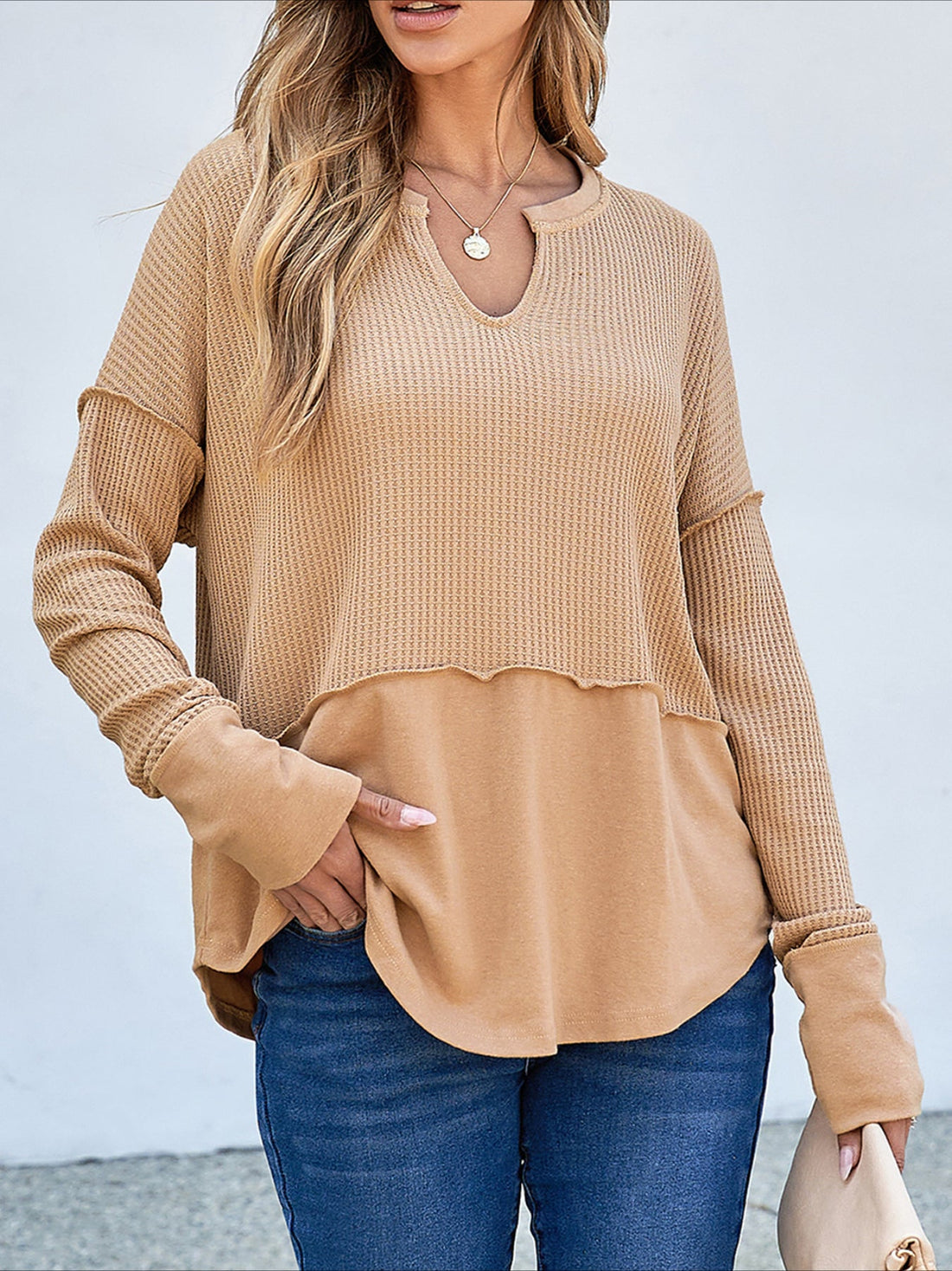 Waffle-Knit Exposed Seam Notched Long Sleeve Top