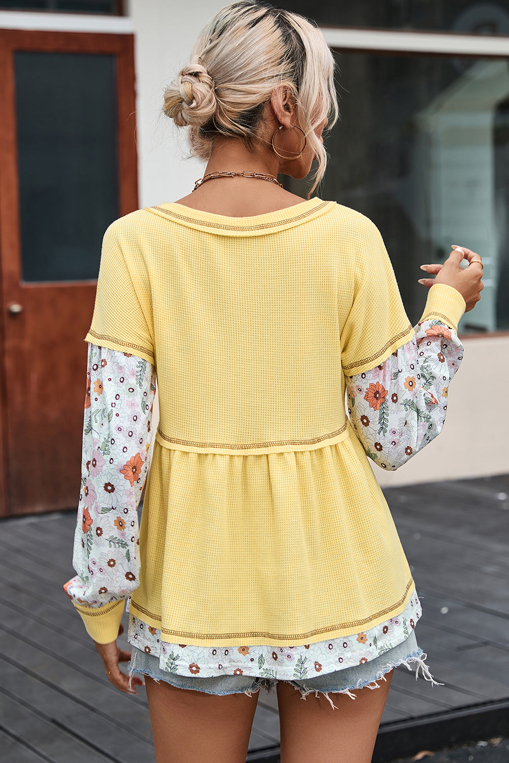 Yellow Floral Patchwork Waffle Knit Babydoll Blouse