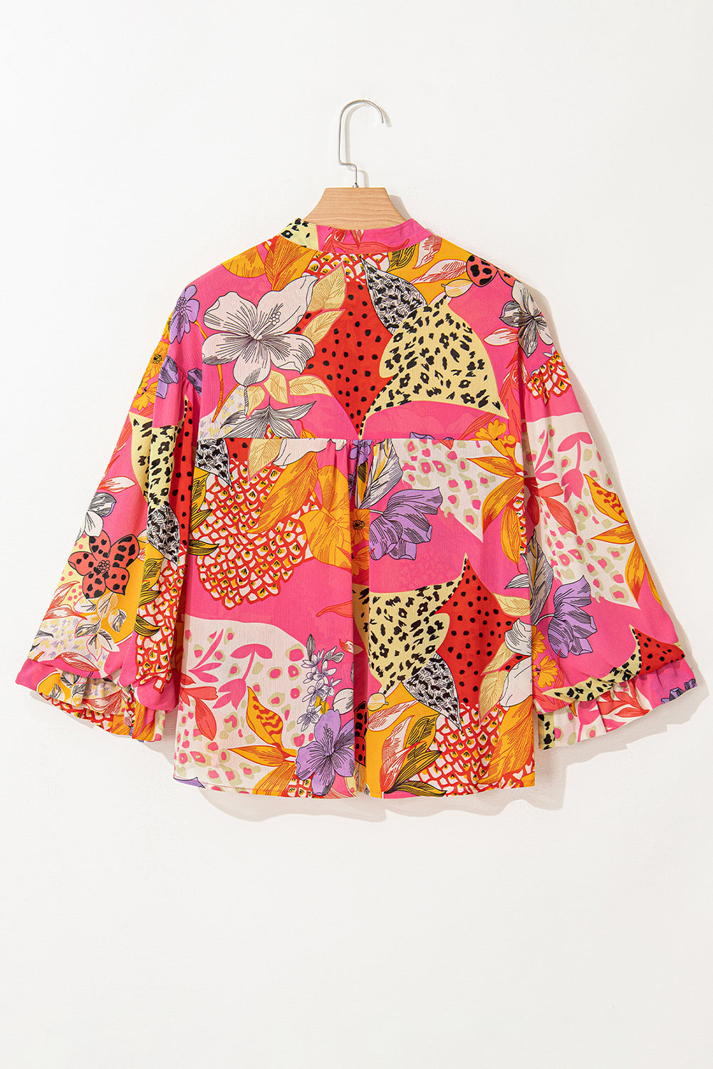 Red Abstract Floral Print Buttoned Ruffled Bubble Sleeve Shirt