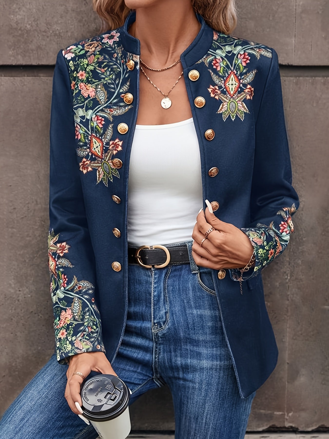 Floral Embroidered Double-Breasted Jacket, Elegant Long Sleeve Stand Collar Vintage Jacket