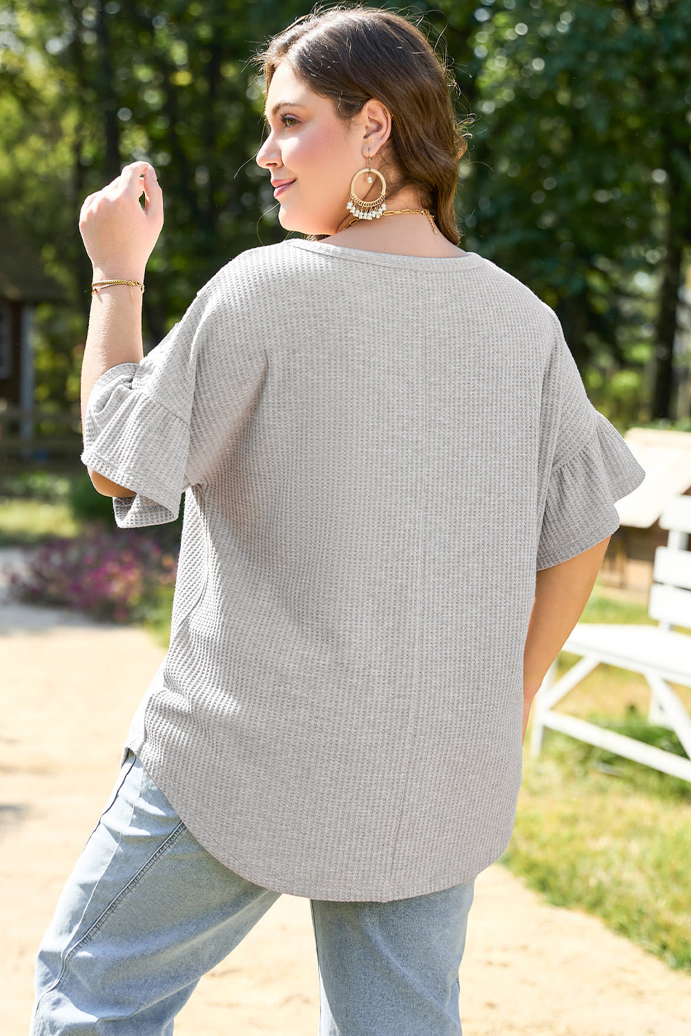 Light Grey Lace Insert Waffle Ruffle Short Sleeve Plus Size Top