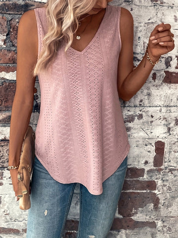 Eyelet Solid Tank Top, Casual V Neck Summer Sleeveless Top