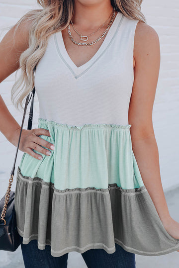 Green Ruffled V Neck Color Block Tank Top