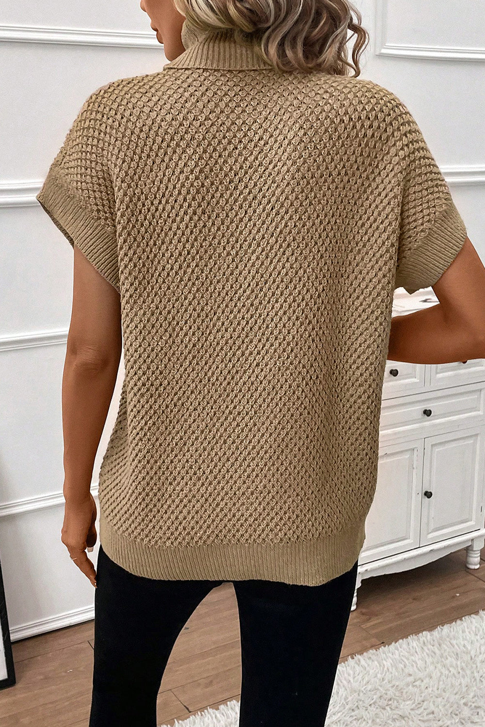 Pale Khaki Turtleneck Textured Short Sleeve Sweater