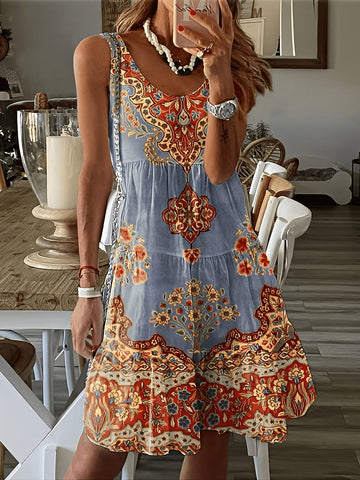 Floral Print Ruched Tank Dress, Vacation Style Sleeveless Crew Neck Dress