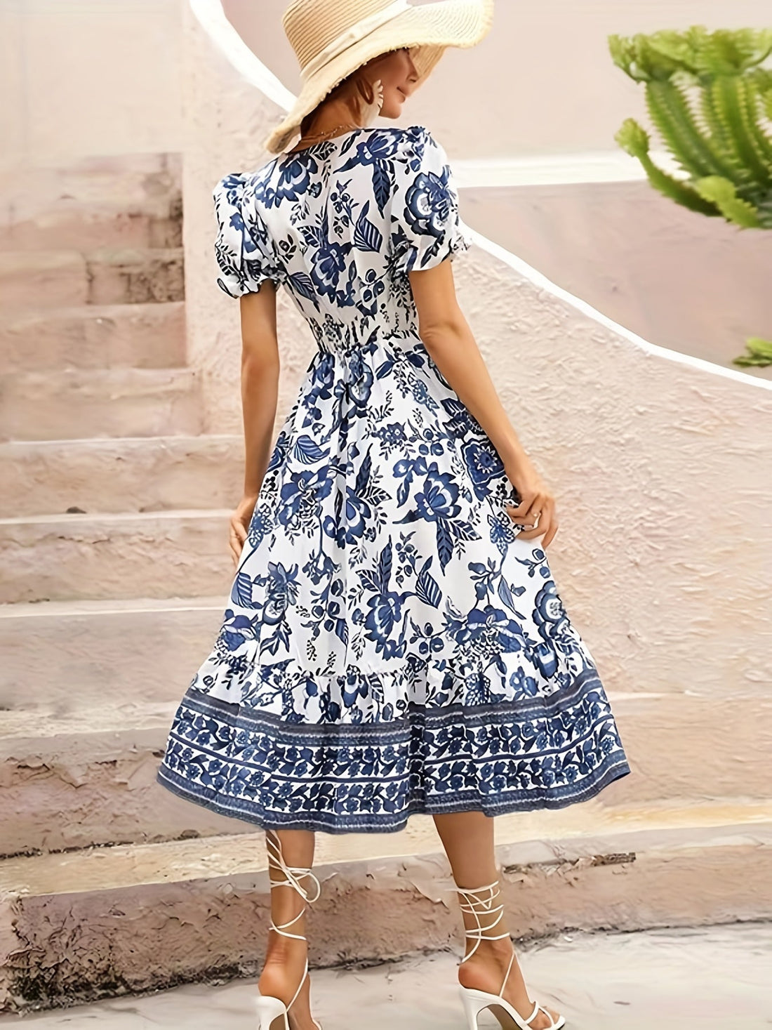 Floral Print V Neck Dress, Elegant Short Sleeve Dress