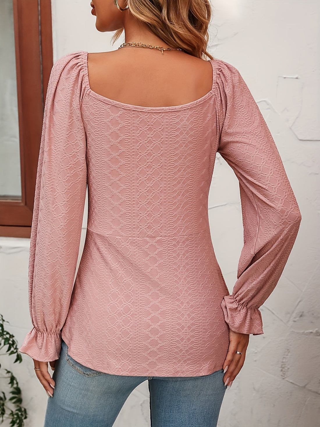 Jacquard Drawstring Front V Neck T-Shirt, Casual Long Sleeve Top