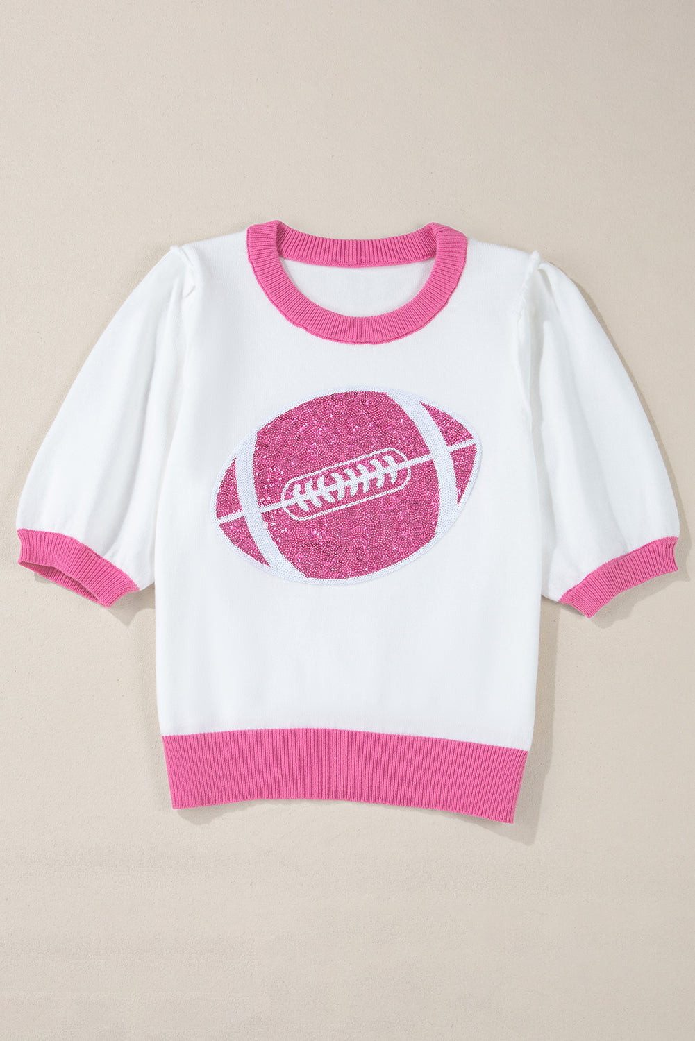 Pink Sequin Rugby Color Block Puff Short Sleeve Sweater