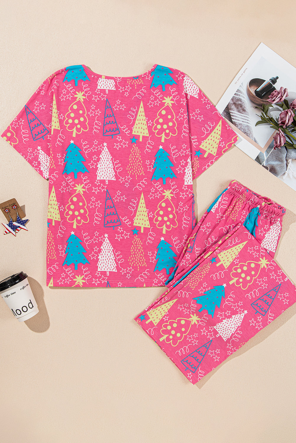 Rose Christmas Tree Print V Neck Tee and Pants Lounge Set