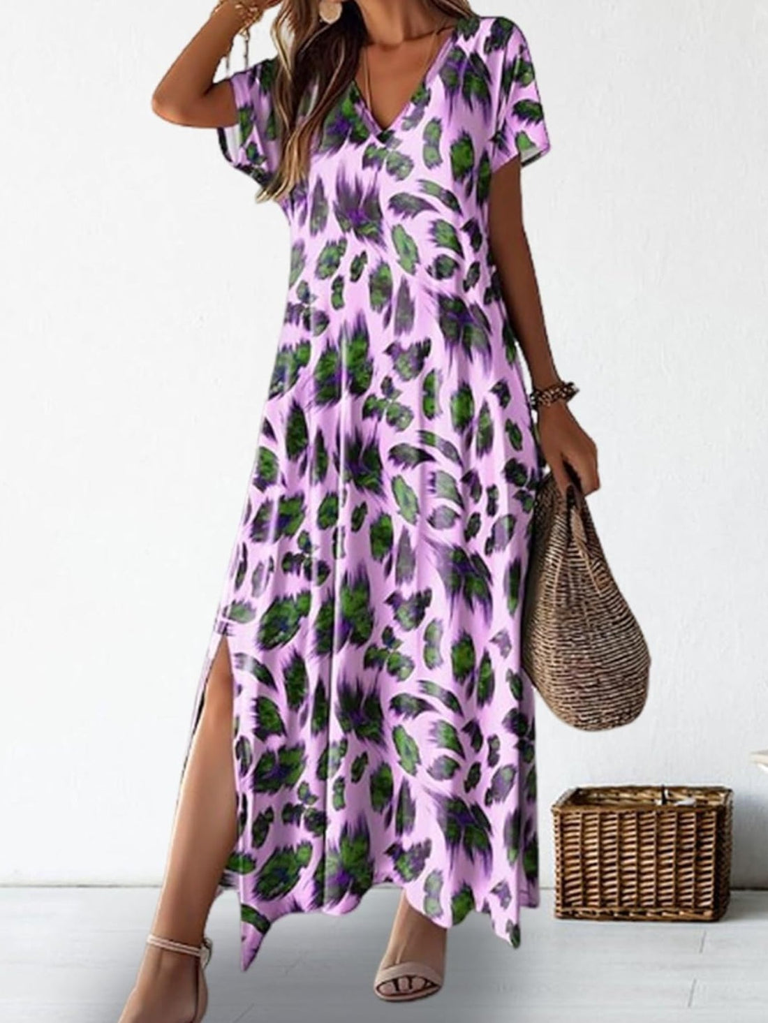 Short Sleeve V Neck A Line Maxi Dress