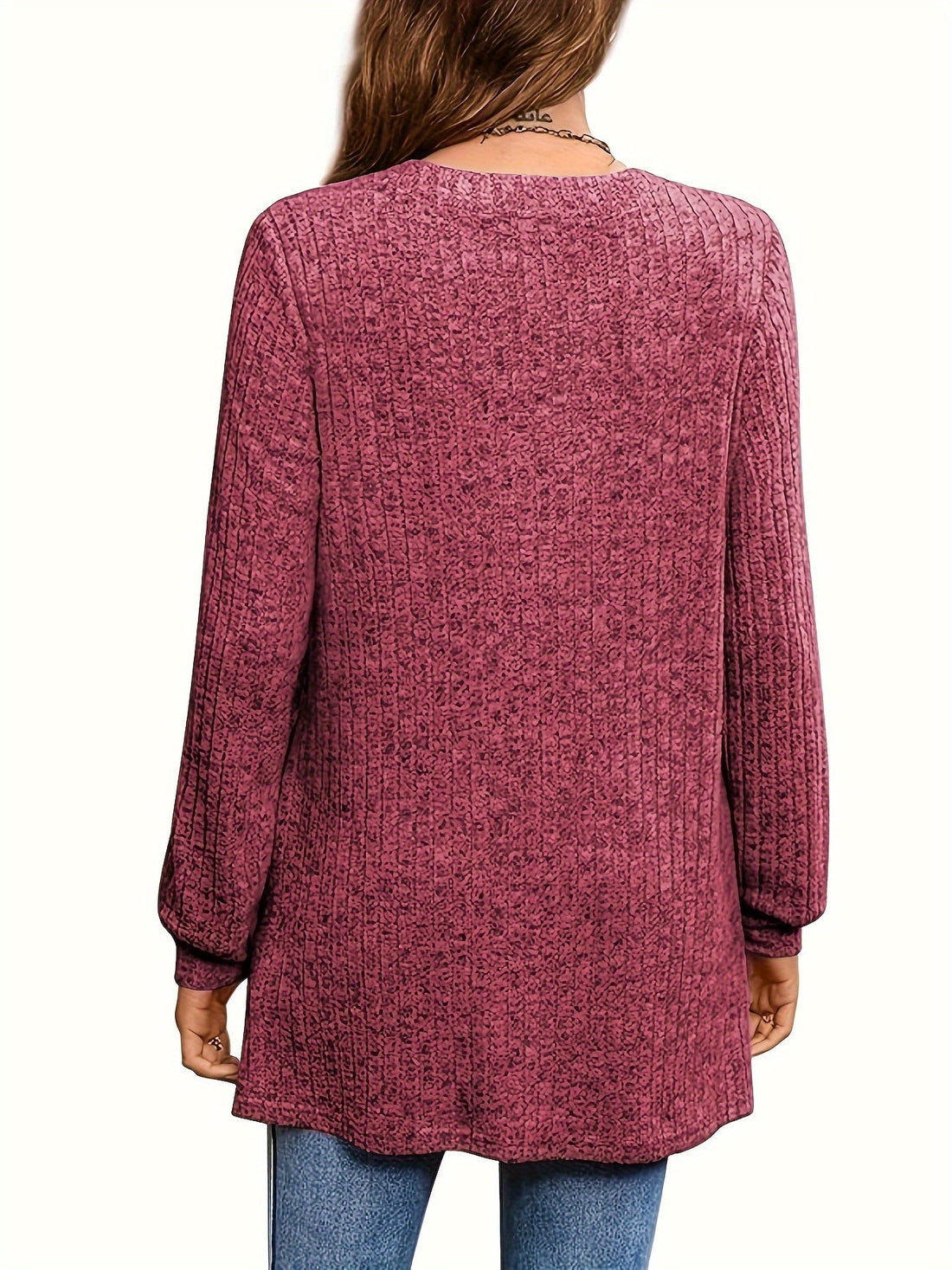 Solid Notched Neck Simple Tunics, Versatile Long Sleeve Top